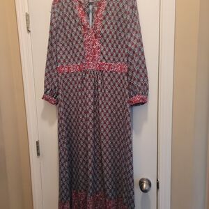 LOFT Red and Black Geometric Long Sleeve Dress